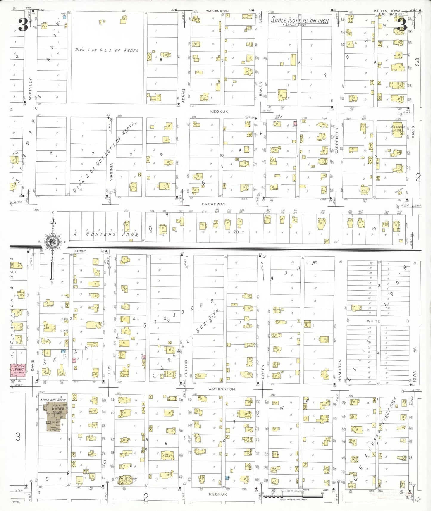Sanborn Fire Insurance Map from Keota, Keokuk County, Iowa (1940), Sheet #0003 - Historic Sanborn Fire Insurance Map Print, vintage old map wall art