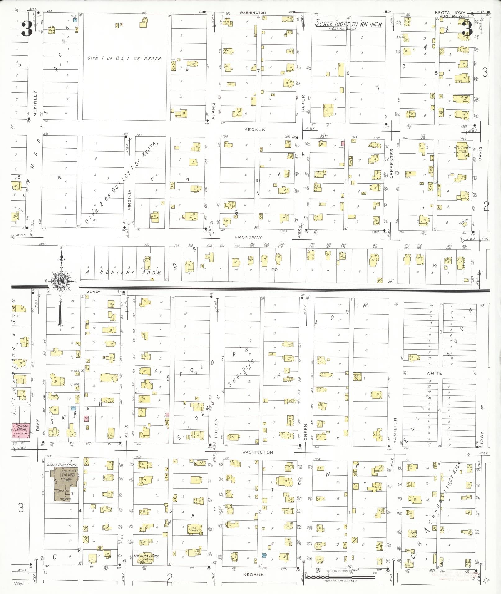 Sanborn Fire Insurance Map from Keota, Keokuk County, Iowa (1940), Sheet #0003 - Historic Sanborn Fire Insurance Map Print, vintage old map wall art