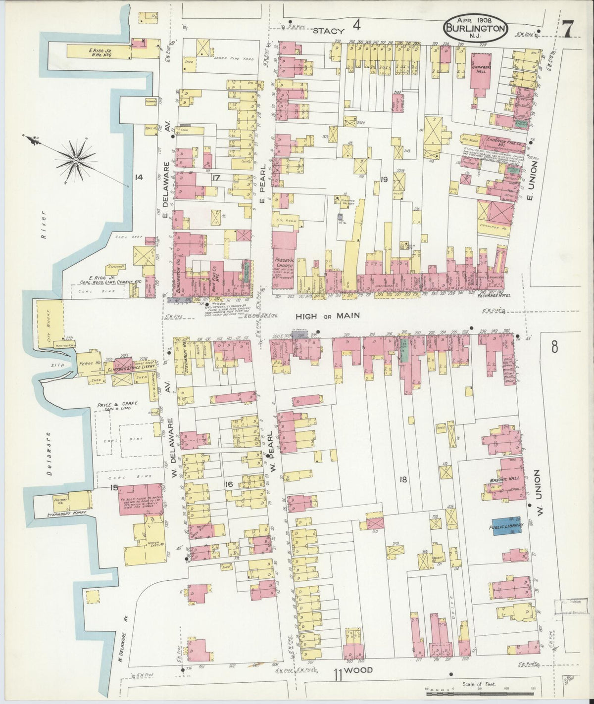 Sanborn Fire Insurance Map from Burlington, Burlington County, New Jersey (1908), Sheet #0006 - Historic Sanborn Fire Insurance Map Print, vintage old map wall art, antique decor, genealogy gift, New Jersey New Jersey map