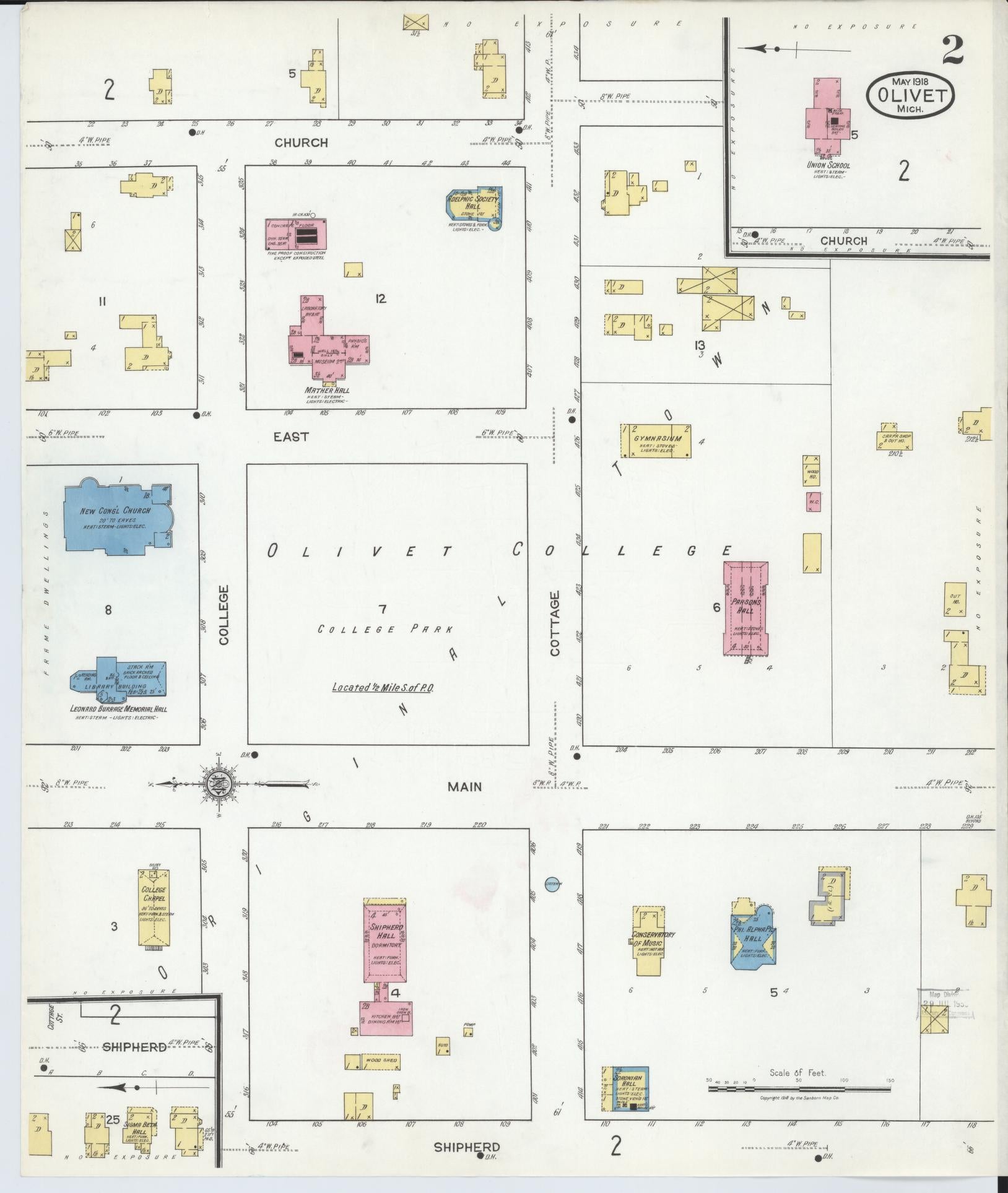 Sanborn Fire Insurance Map from Olivet, Eaton County, Michigan (1918), Sheet #0002 - Complete Map Set gallery image, historic Sanborn map, vintage wall art, Michigan Michigan