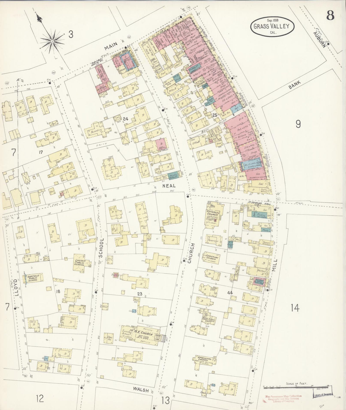 Sanborn Fire Insurance Map from Grass Valley, Nevada County, California (1898), Sheet #0008 - Complete Map Set gallery image, historic Sanborn map, vintage wall art, California California
