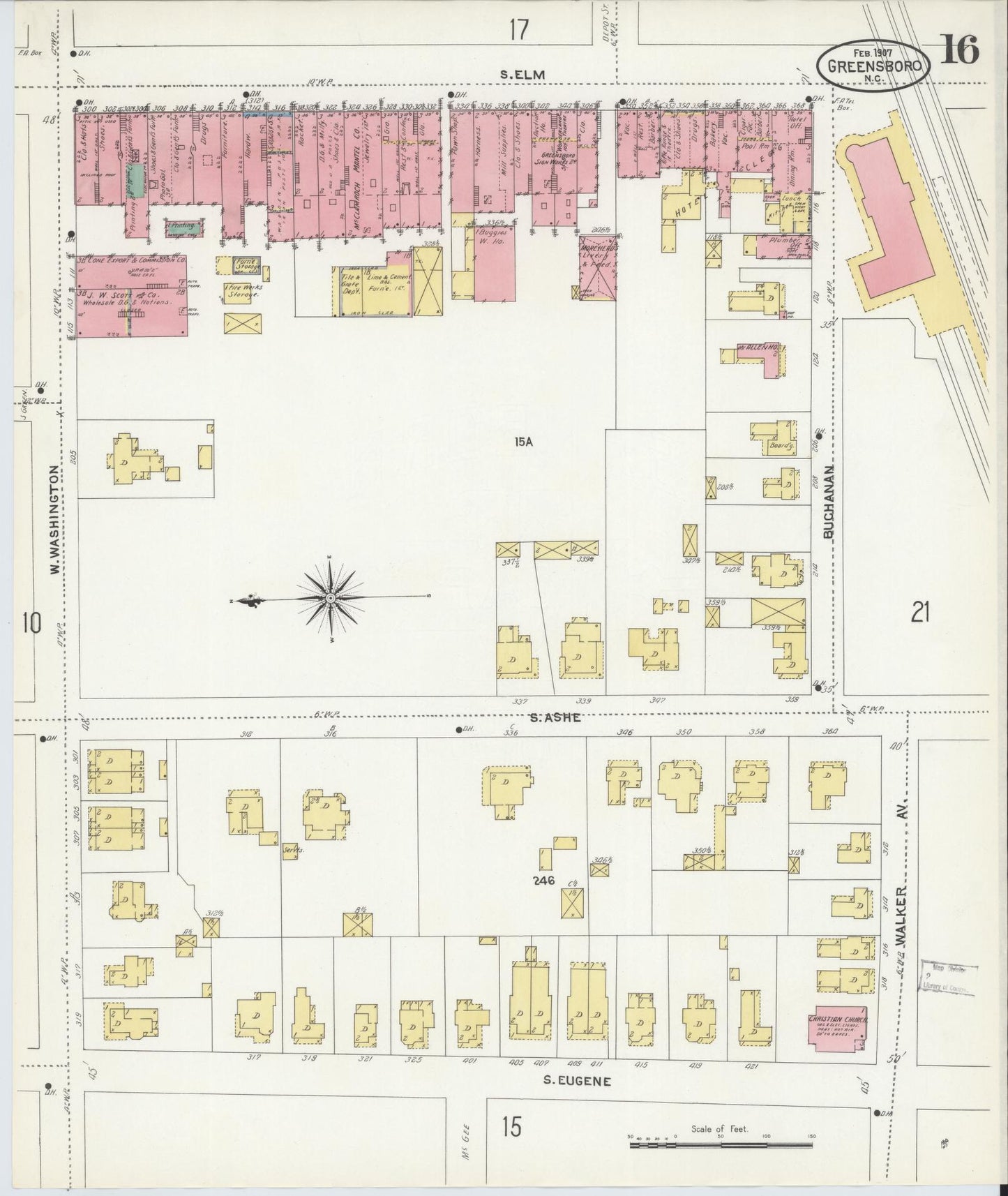 Sanborn Fire Insurance Map from Greensboro, Guilford County, North Carolina (1907), Sheet #0016 - Complete Map Set gallery image, historic Sanborn map, vintage wall art, North Carolina North Carolina