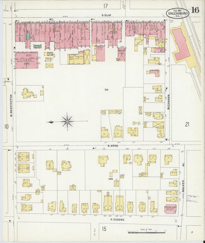 Sanborn Fire Insurance Map from Greensboro, Guilford County, North Carolina (1907), Sheet #0016 - Complete Map Set gallery image, historic Sanborn map, vintage wall art, North Carolina North Carolina