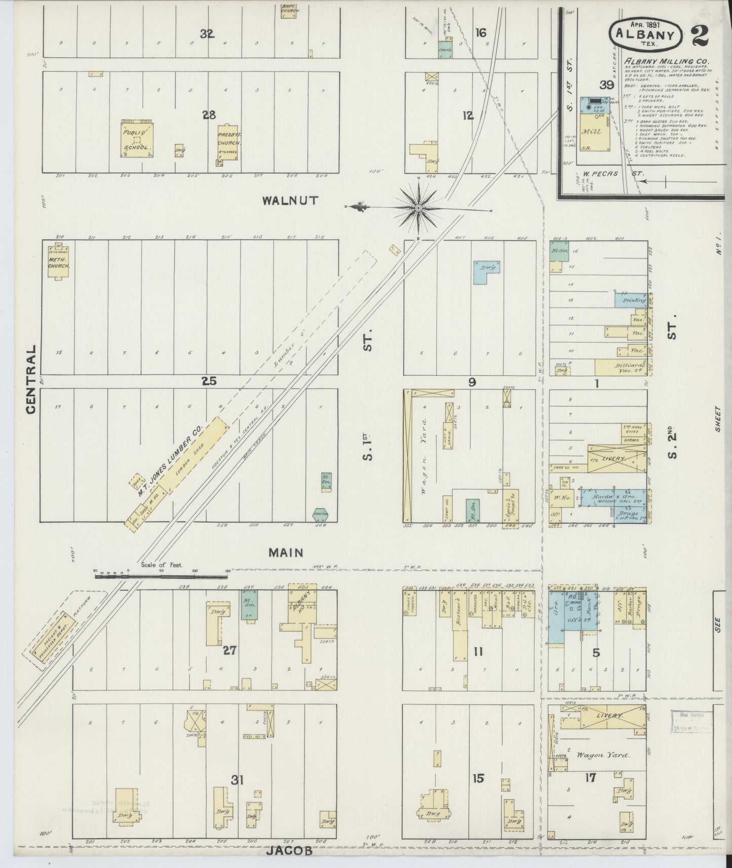 Sanborn Fire Insurance Map from Albany, Shackelford County, Texas (1891), Sheet #0002 - Historic Sanborn Fire Insurance Map Print, vintage old map wall art, antique decor, genealogy gift, Texas Texas map