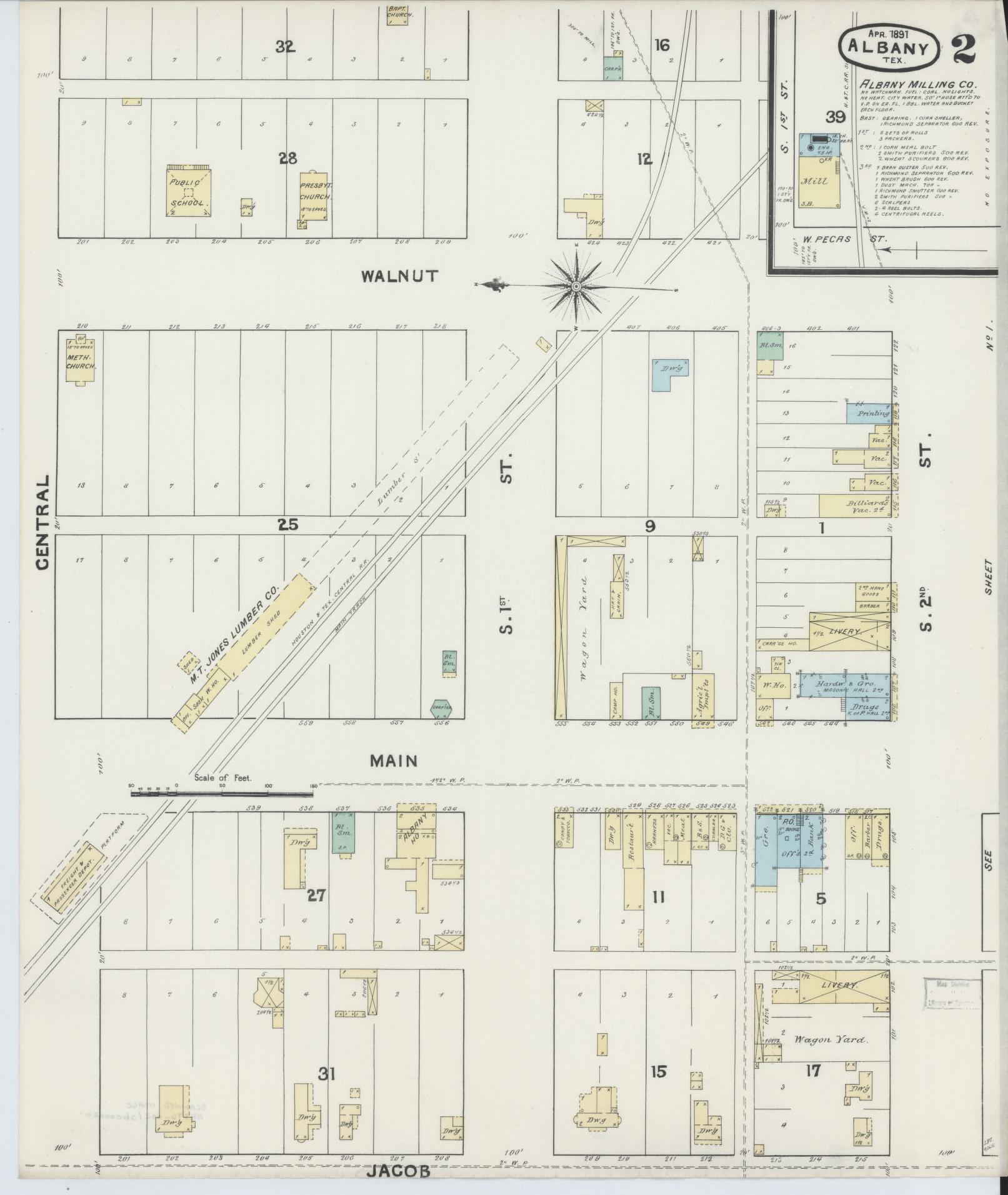 Sanborn Fire Insurance Map from Albany, Shackelford County, Texas (1891), Sheet #0002 - Historic Sanborn Fire Insurance Map Print, vintage old map wall art, antique decor, genealogy gift, Texas Texas map