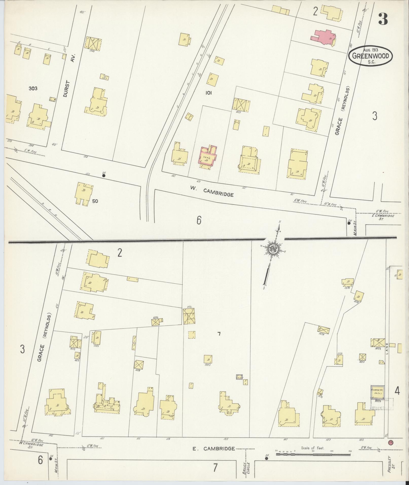 Sanborn Fire Insurance Map from Greenwood, Greenwood County, South Carolina (1913), Sheet #0003 - Complete Map Set gallery image, historic Sanborn map, vintage wall art, South Carolina South Carolina