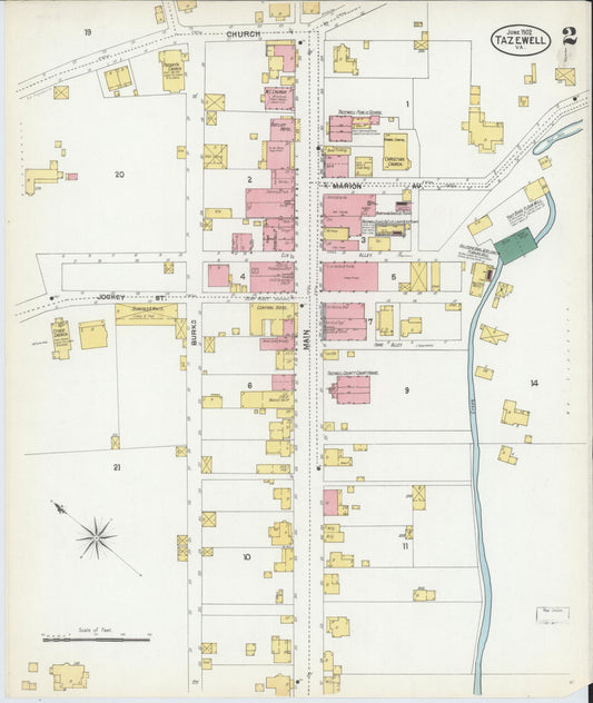 Sanborn Fire Insurance Map from Tazewell, Tazewell County, Virginia (1902), Sheet #0002 - Historic Sanborn Fire Insurance Map Print, vintage old map wall art, antique decor, genealogy gift, Virginia Virginia map