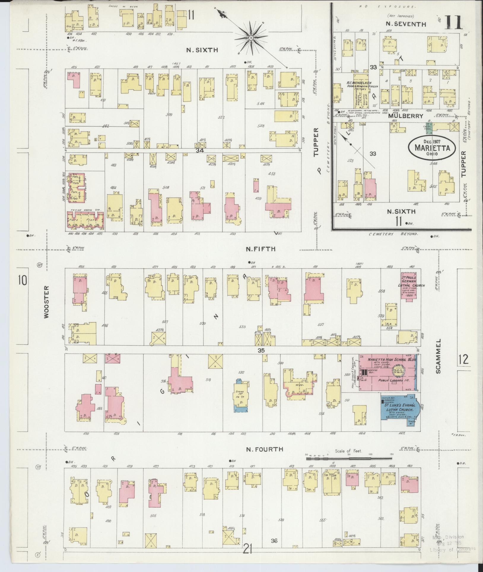 Sanborn Fire Insurance Map from Marietta, Washington County, Ohio (1907), Sheet #0011 - Historic Sanborn Fire Insurance Map Print, vintage old map wall art, antique decor, genealogy gift, Ohio Ohio map