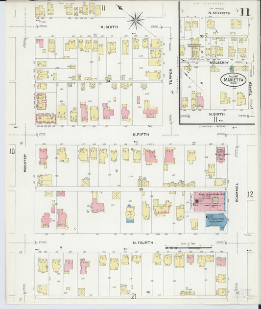 Sanborn Fire Insurance Map from Marietta, Washington County, Ohio (1907), Sheet #0011 - Historic Sanborn Fire Insurance Map Print, vintage old map wall art, antique decor, genealogy gift, Ohio Ohio map