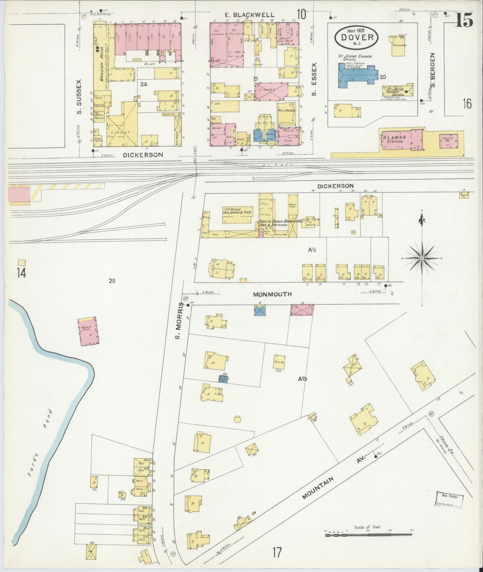 Sanborn Fire Insurance Map from Dover, Morris County, New Jersey (1909), Sheet #0015 - Historic Sanborn Fire Insurance Map Print, vintage old map wall art, antique decor, genealogy gift, New Jersey New Jersey map