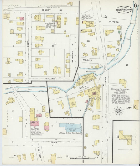 Sanborn Fire Insurance Map from Bennington, Bennington County, Vermont (1896), Sheet #0006 - Historic Sanborn Fire Insurance Map Print, vintage old map wall art, antique decor, genealogy gift, Vermont Vermont map