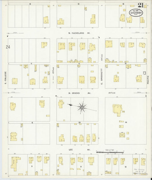 Sanborn Fire Insurance Map from Sherman, Grayson County, Texas (1908), Sheet #0021 - Historic Sanborn Fire Insurance Map Print, vintage old map wall art, antique decor, genealogy gift, Texas Texas map
