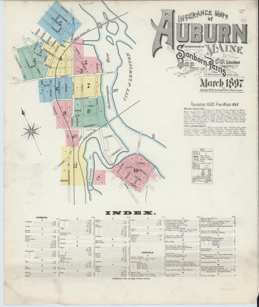 Sanborn Fire Insurance Map from Auburn, Androscoggin County, Maine (1897), Sheet #0001 - Historic Sanborn Fire Insurance Map Print, vintage old map wall art, antique decor, genealogy gift, Maine Maine map