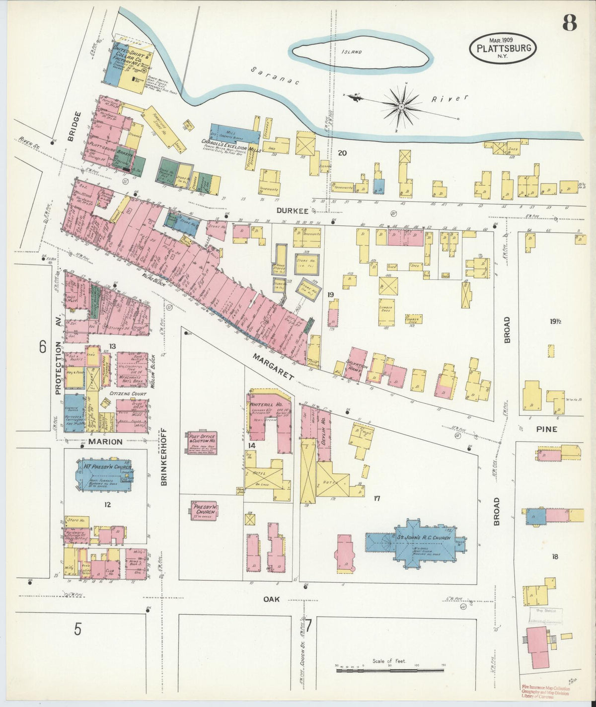 Sanborn Fire Insurance Map from Plattsburg, Clinton County, New York (1909), Sheet #0007 - Complete Map Set gallery image, historic Sanborn map, vintage wall art, New York New York