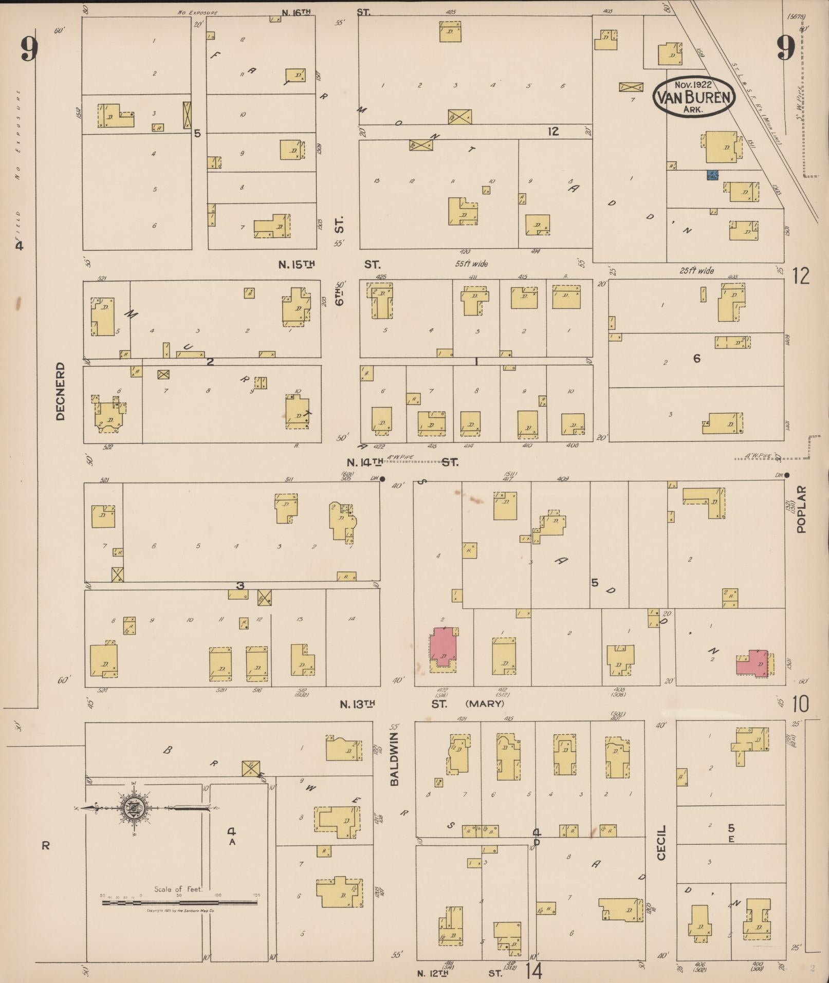 Sanborn Fire Insurance Map from Van Buren, Crawford County, Arkansas (1922), Sheet #0009 - Historic Sanborn Fire Insurance Map Print, vintage old map wall art, antique decor, genealogy gift, Arkansas Arkansas map