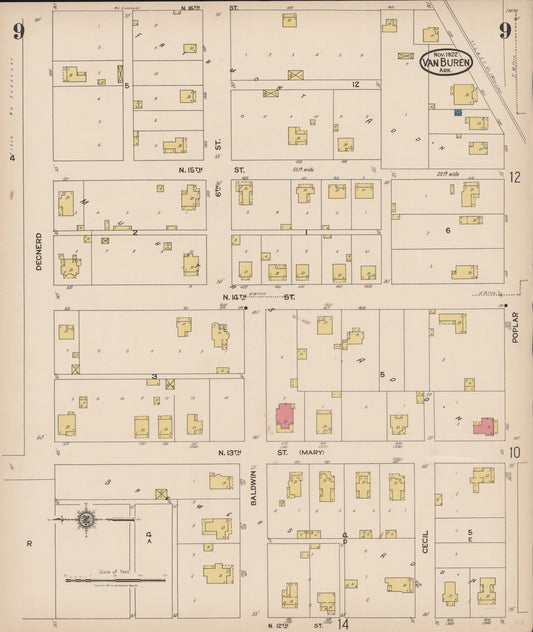 Sanborn Fire Insurance Map from Van Buren, Crawford County, Arkansas (1922), Sheet #0009 - Historic Sanborn Fire Insurance Map Print, vintage old map wall art, antique decor, genealogy gift, Arkansas Arkansas map