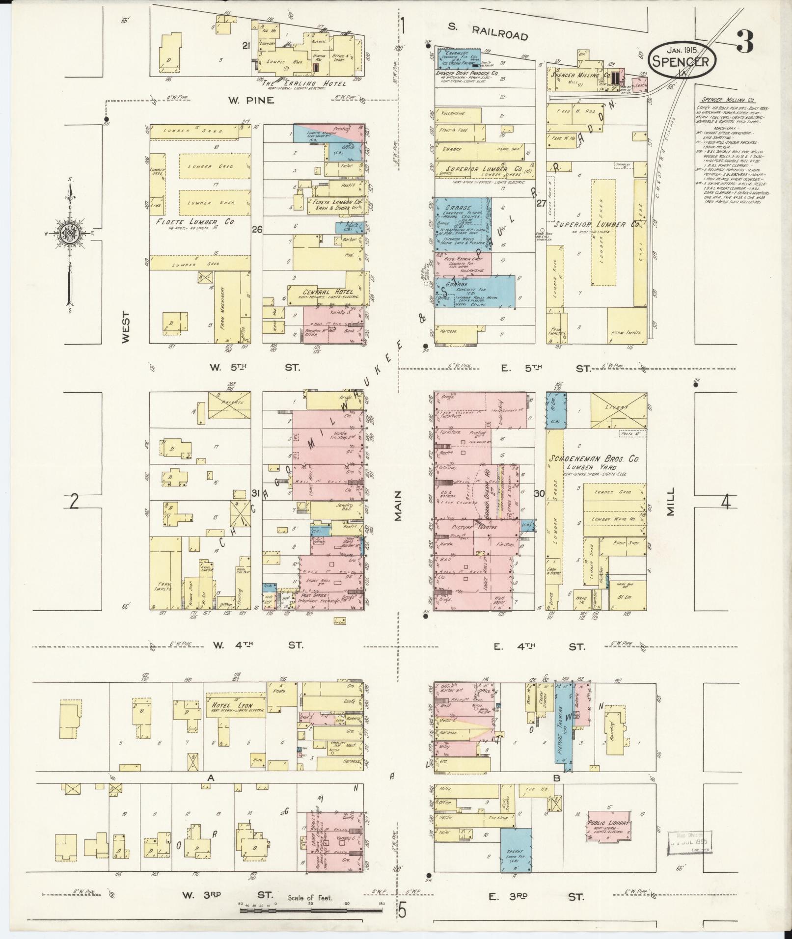 Sanborn Fire Insurance Map from Spencer, Clay County, Iowa (1915), Sheet #0003 - Historic Sanborn Fire Insurance Map Print, vintage old map wall art