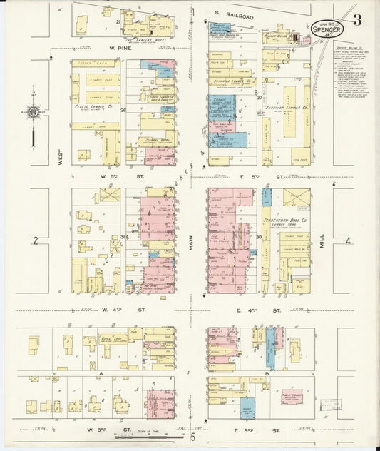 Sanborn Fire Insurance Map from Spencer, Clay County, Iowa (1915), Sheet #0003 - Historic Sanborn Fire Insurance Map Print, vintage old map wall art