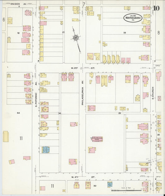 Sanborn Fire Insurance Map from Waynesboro, Franklin County, Pennsylvania (1910), Sheet #0010 - Historic Sanborn Fire Insurance Map Print, vintage old map wall art, antique decor, genealogy gift, Pennsylvania Pennsylvania map
