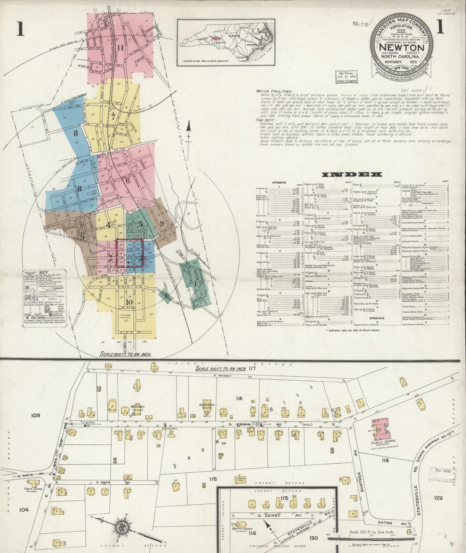Sanborn Fire Insurance Map from Newton, Catawba County, North Carolina (1924), Sheet #0001 - Historic Sanborn Fire Insurance Map Print, vintage old map wall art, antique decor, genealogy gift, North Carolina North Carolina map