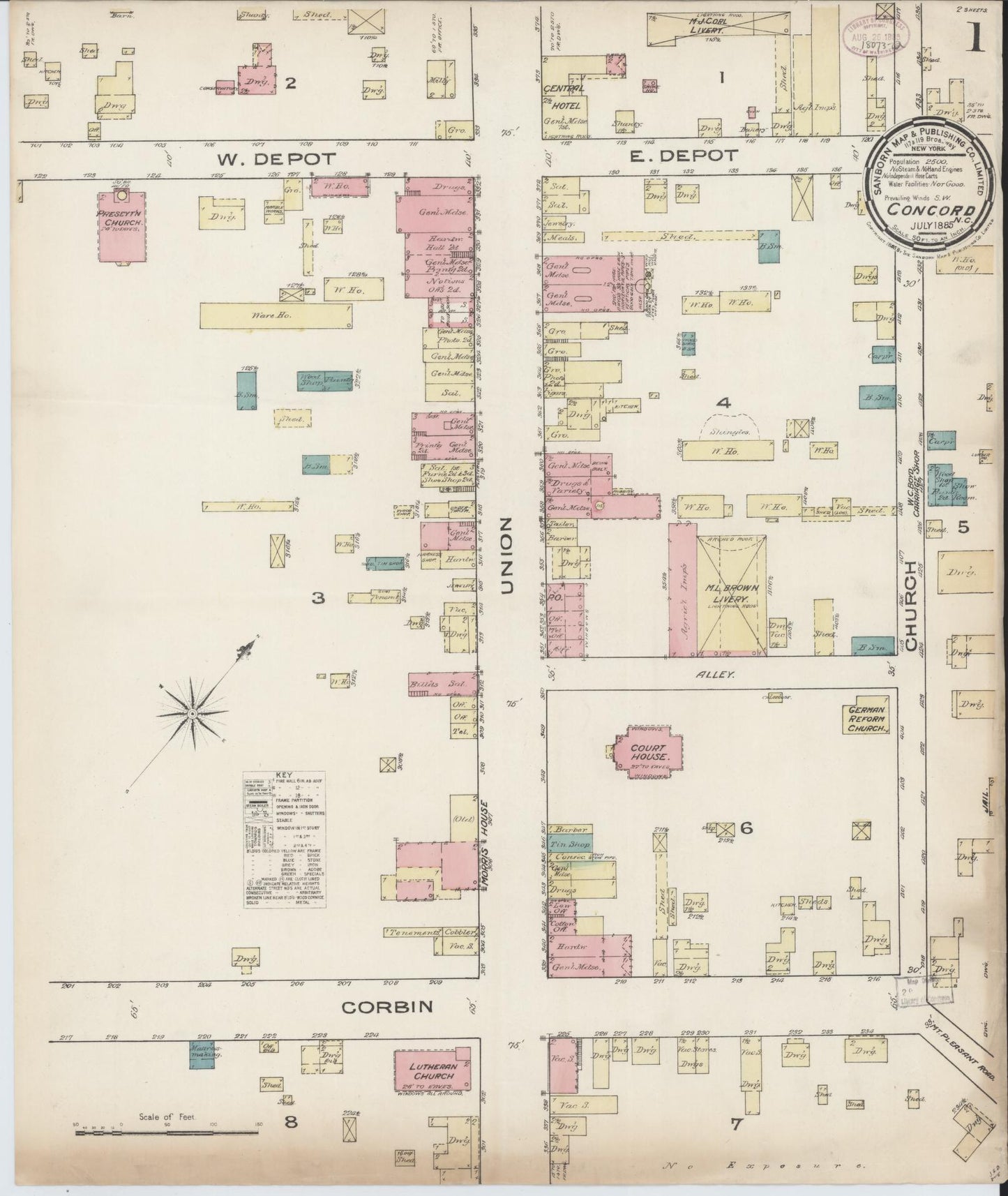 Sanborn Fire Insurance Map from Concord, Cabarrus County, North Carolina (1885), Sheet #0001 - Complete Map Set gallery image, historic Sanborn map, vintage wall art, North Carolina North Carolina