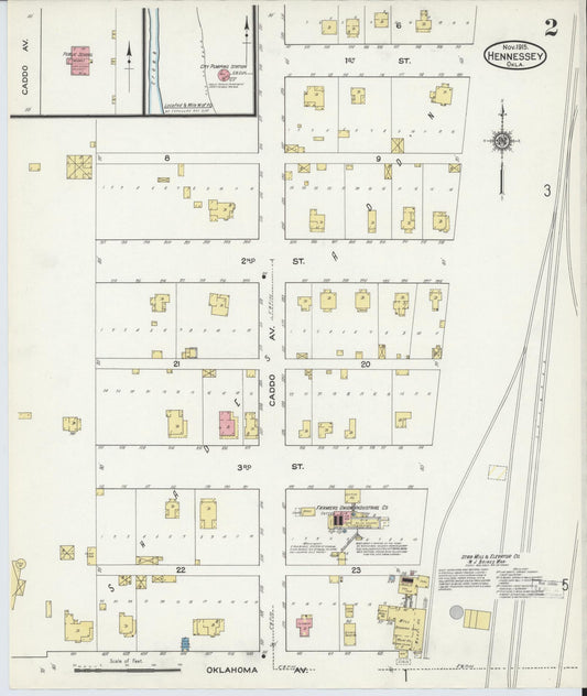 Sanborn Fire Insurance Map from Hennessey, Kingfisher County, Oklahoma (1915), Sheet #0002 - Historic Sanborn Fire Insurance Map Print, vintage old map wall art, antique decor, genealogy gift, Oklahoma Oklahoma map