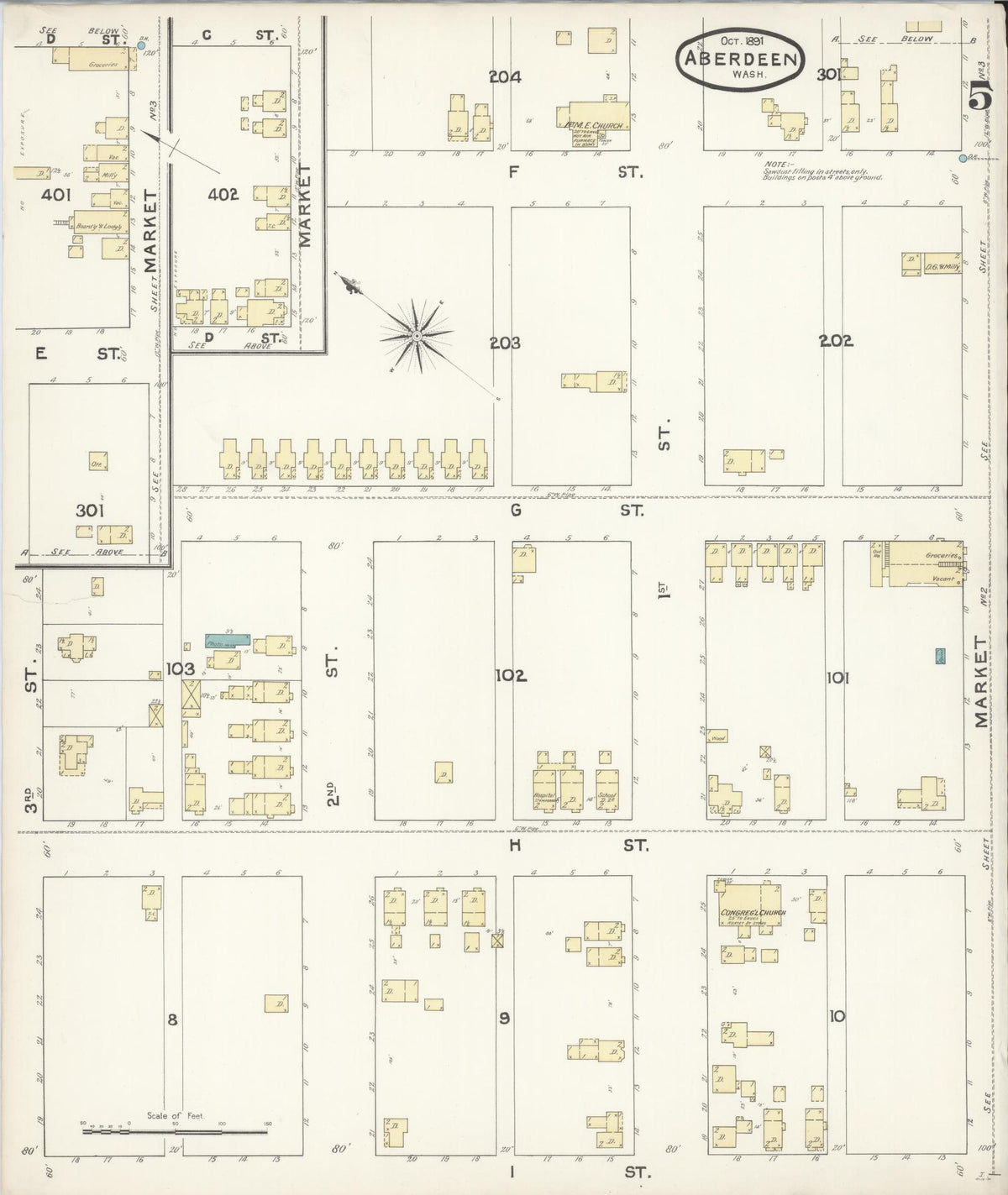 Sanborn Fire Insurance Map from Aberdeen, Grays Harbor County, Washington (1891), Sheet #0005 - Complete Map Set gallery image, historic Sanborn map, vintage wall art, Washington Washington