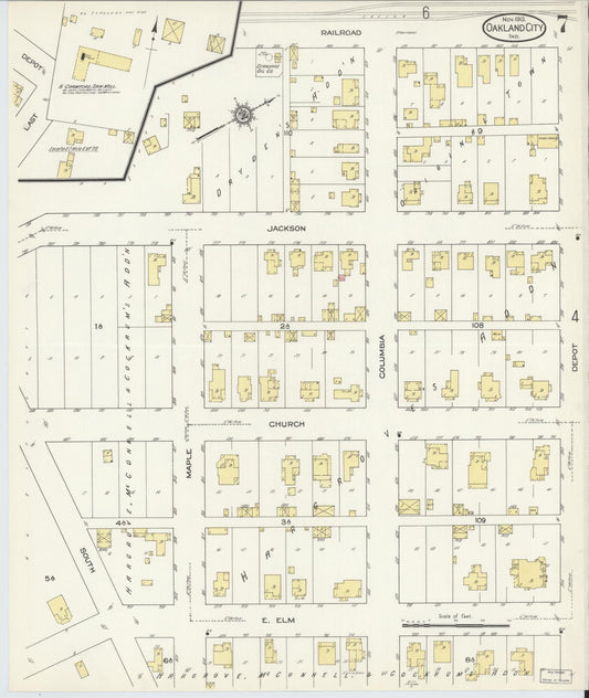 Sanborn Fire Insurance Map from Oakland City, Gibson County, Indiana (1913), Sheet #0007 - Historic Sanborn Fire Insurance Map Print, vintage old map wall art, antique decor, genealogy gift, Indiana Indiana map