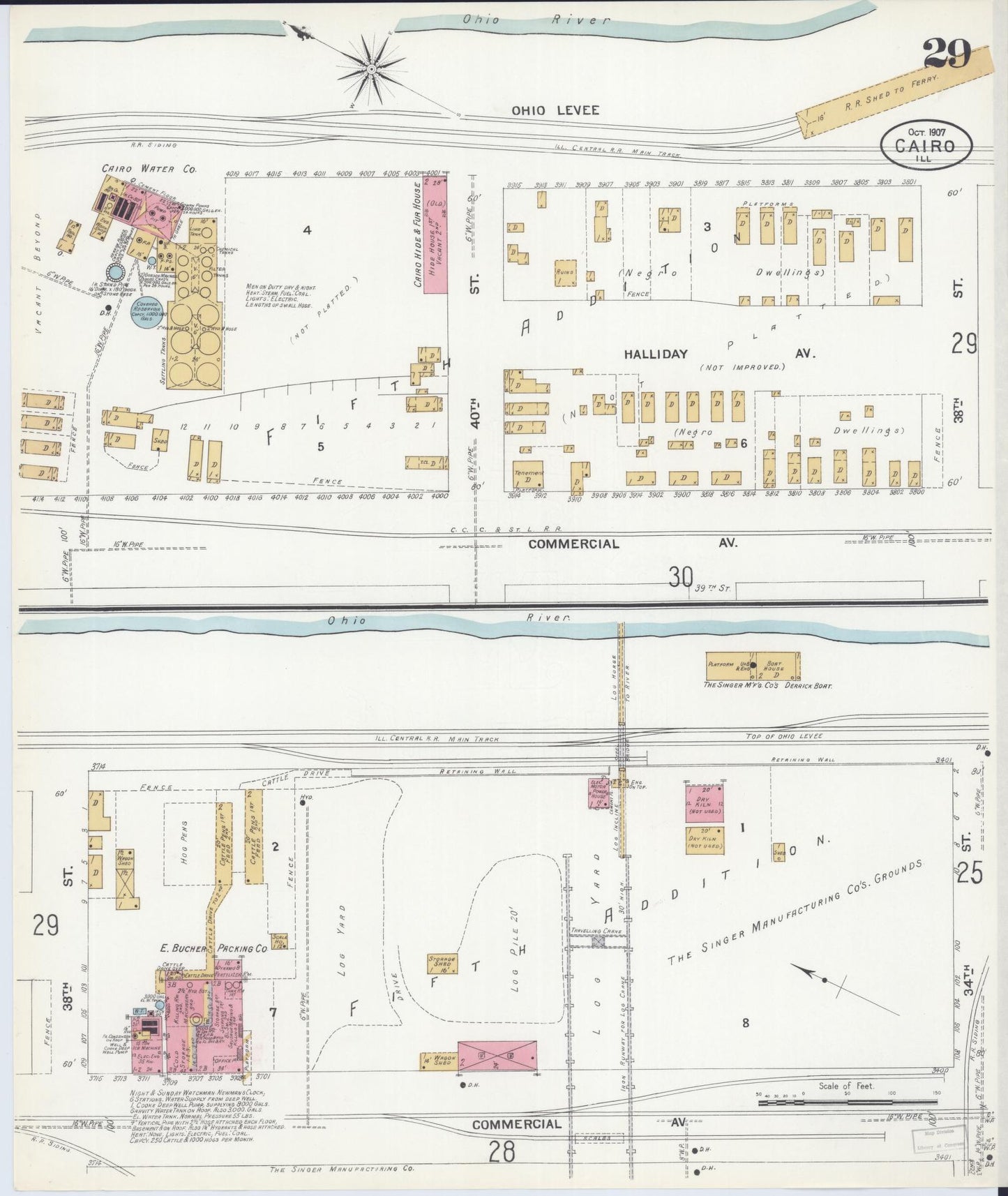 Sanborn Fire Insurance Map from Cairo, Alexander County, Illinois (1907), Sheet #0029 - Historic Sanborn Fire Insurance Map Print, vintage old map wall art, antique decor, genealogy gift, Illinois Illinois map