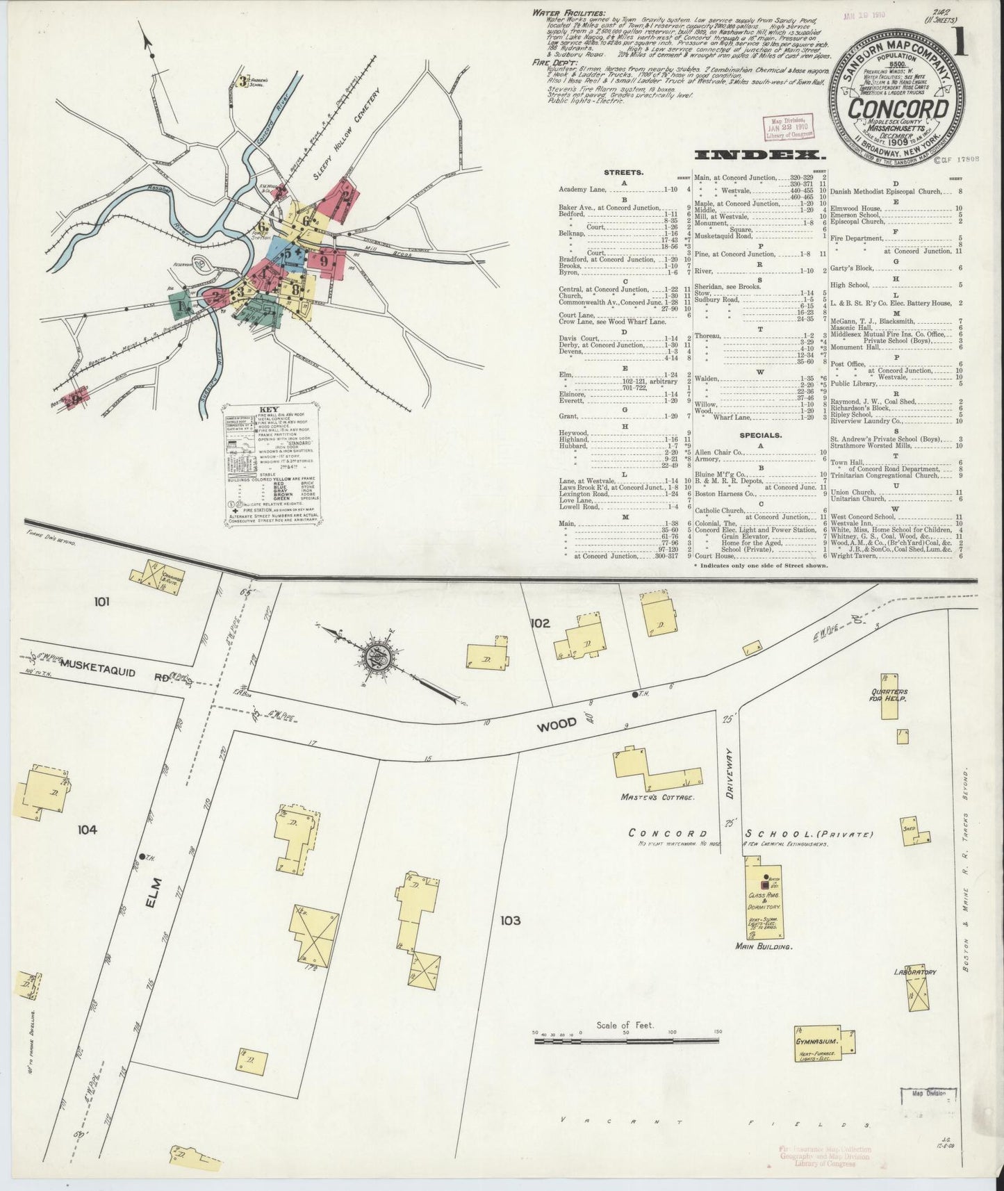 Sanborn Fire Insurance Map from Concord, Middlesex County, Massachusetts (1909), Sheet #0001 - Complete Map Set gallery image, historic Sanborn map, vintage wall art, Massachusetts Massachusetts