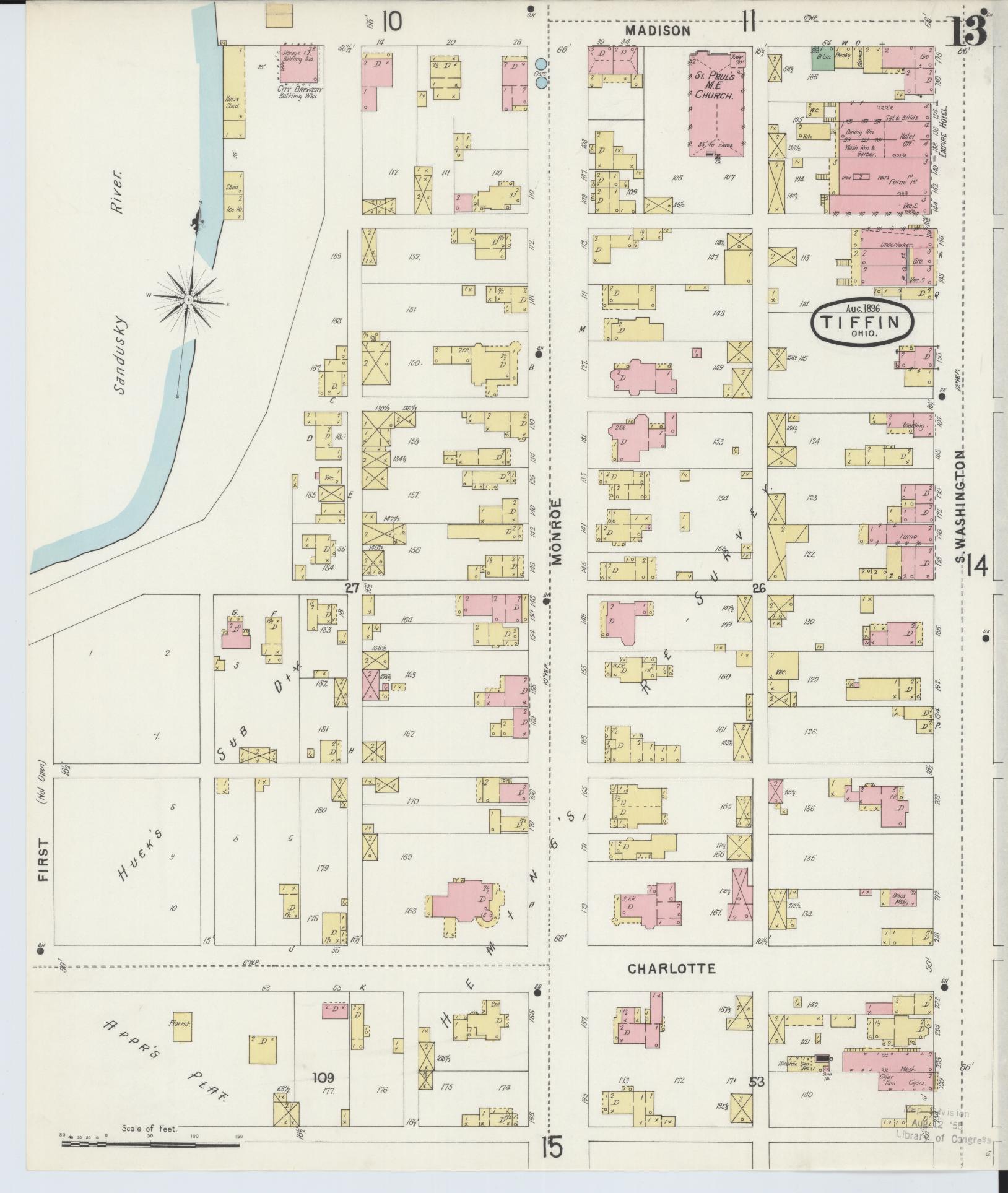 Sanborn Fire Insurance Map from Tiffin, Seneca County, Ohio (1896), Sheet #0013 - Complete Map Set gallery image, historic Sanborn map, vintage wall art, Ohio Ohio