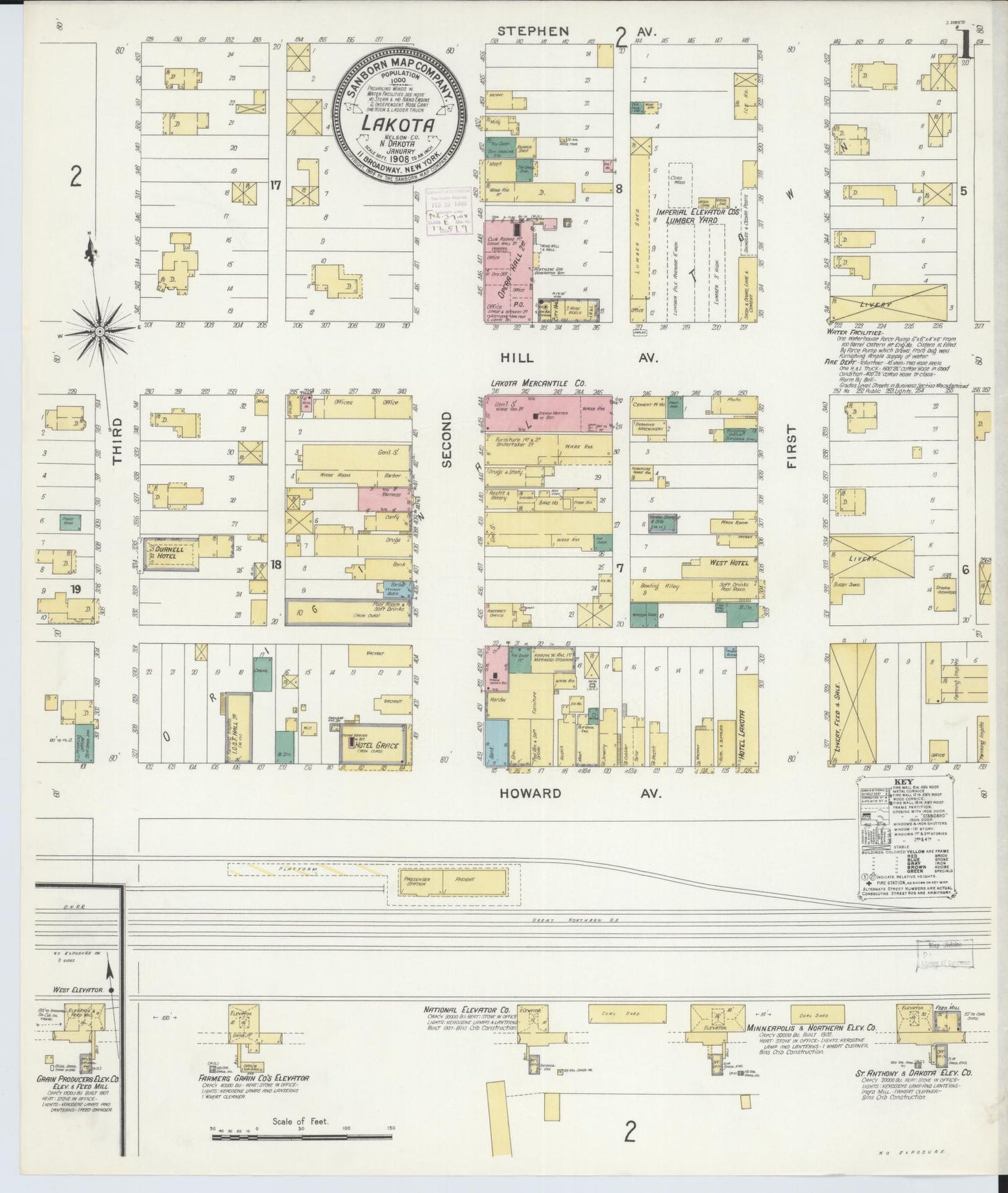 Sanborn Fire Insurance Map from Lakota, Nelson County, North Dakota (1908), Sheet #0001 - Complete Map Set gallery image, historic Sanborn map, vintage wall art, North Dakota North Dakota