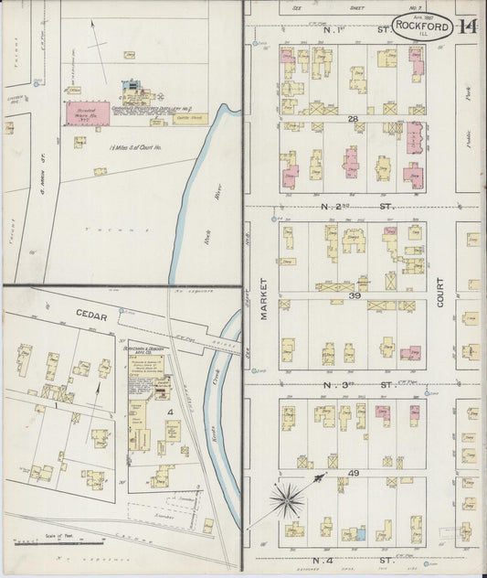 Sanborn Fire Insurance Map from Rockford, Winnebago County, Illinois (1887), Sheet #0014 - Historic Sanborn Fire Insurance Map Print, vintage old map wall art, antique decor, genealogy gift, Illinois Illinois map