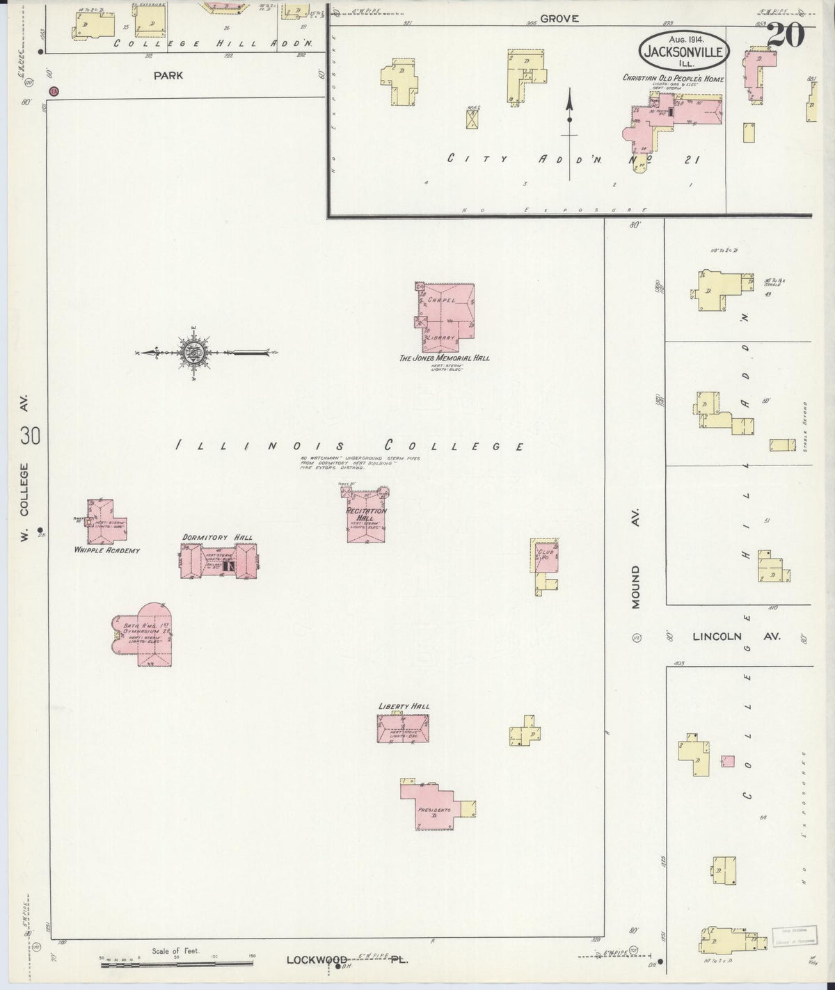 Sanborn Fire Insurance Map from Jacksonville, Morgan County, Illinois (1914), Sheet #0020 - Historic Sanborn Fire Insurance Map Print, vintage old map wall art, antique decor, genealogy gift, Illinois Illinois map