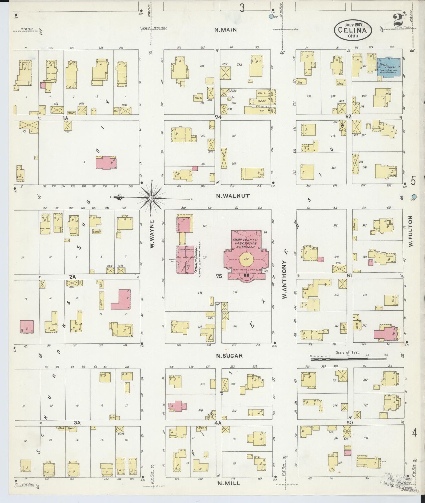 Sanborn Fire Insurance Map from Celina, Mercer County, Ohio (1907), Sheet #0002 - Historic Sanborn Fire Insurance Map Print, vintage old map wall art, antique decor, genealogy gift, Ohio Ohio map