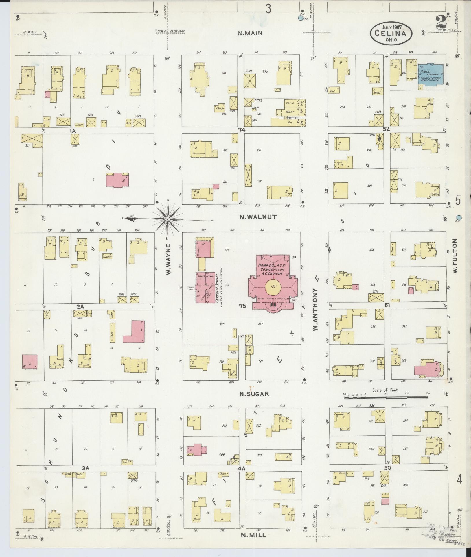 Sanborn Fire Insurance Map from Celina, Mercer County, Ohio (1907), Sheet #0002 - Historic Sanborn Fire Insurance Map Print, vintage old map wall art, antique decor, genealogy gift, Ohio Ohio map