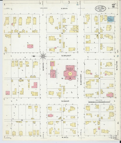 Sanborn Fire Insurance Map from Celina, Mercer County, Ohio (1907), Sheet #0002 - Historic Sanborn Fire Insurance Map Print, vintage old map wall art, antique decor, genealogy gift, Ohio Ohio map
