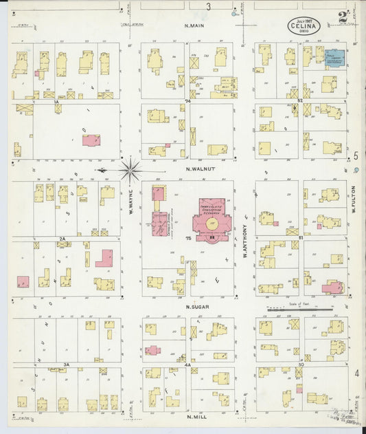 Sanborn Fire Insurance Map from Celina, Mercer County, Ohio (1907), Sheet #0002 - Historic Sanborn Fire Insurance Map Print, vintage old map wall art, antique decor, genealogy gift, Ohio Ohio map