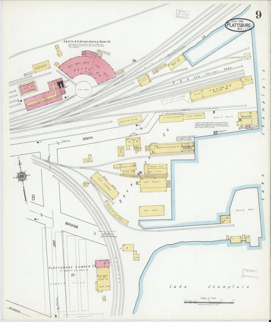 Sanborn Fire Insurance Map from Plattsburg, Clinton County, New York (1918), Sheet #0009 - Historic Sanborn Fire Insurance Map Print, vintage old map wall art, antique decor, genealogy gift, New York New York map