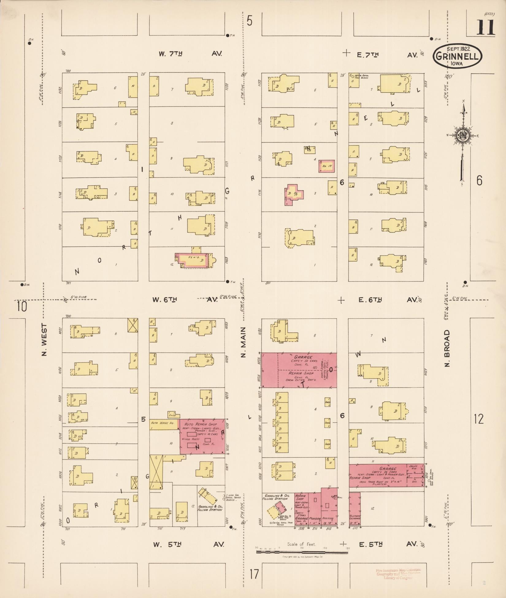 Sanborn Fire Insurance Map from Grinnell, Poweshiek County, Iowa (1922), Sheet #0011 - Historic Sanborn Fire Insurance Map Print, vintage old map wall art