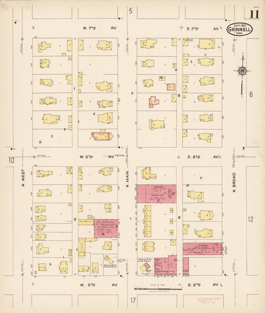 Sanborn Fire Insurance Map from Grinnell, Poweshiek County, Iowa (1922), Sheet #0011 - Historic Sanborn Fire Insurance Map Print, vintage old map wall art
