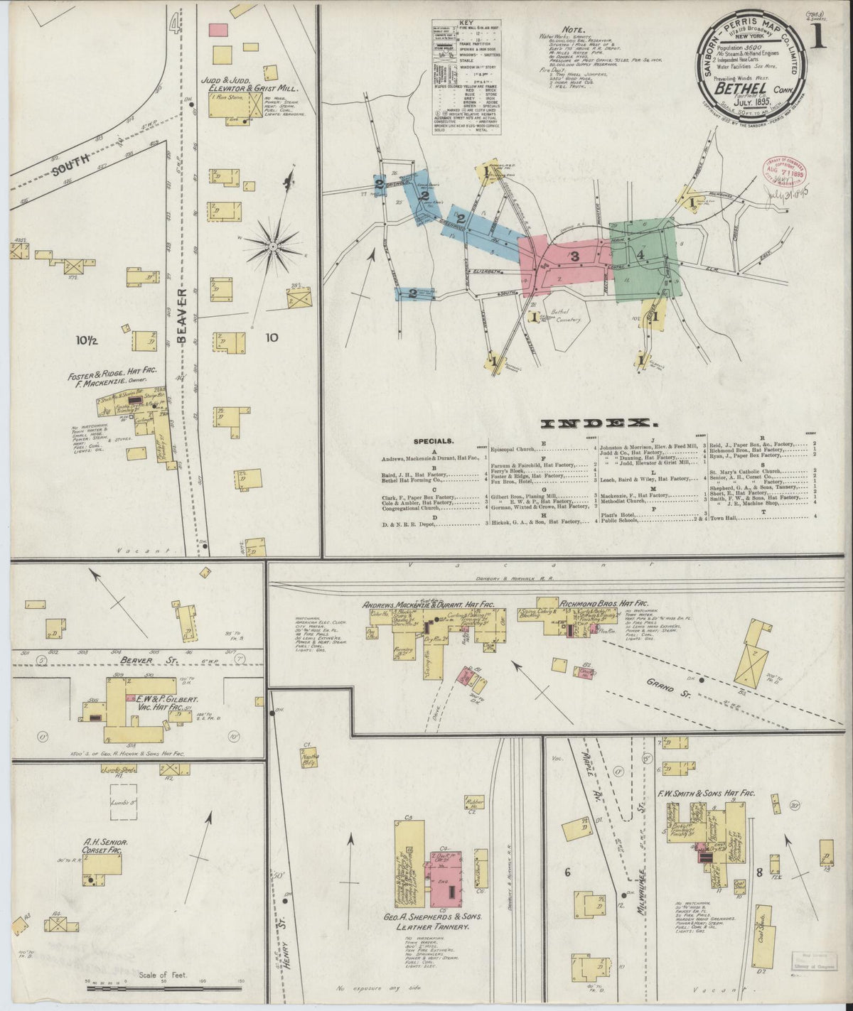 Sanborn Fire Insurance Map from Bethel, Fairfield County, Connecticut (1895), Sheet #0001 - Historic Sanborn Fire Insurance Map Print, vintage old map wall art, antique decor, genealogy gift, Connecticut Connecticut map