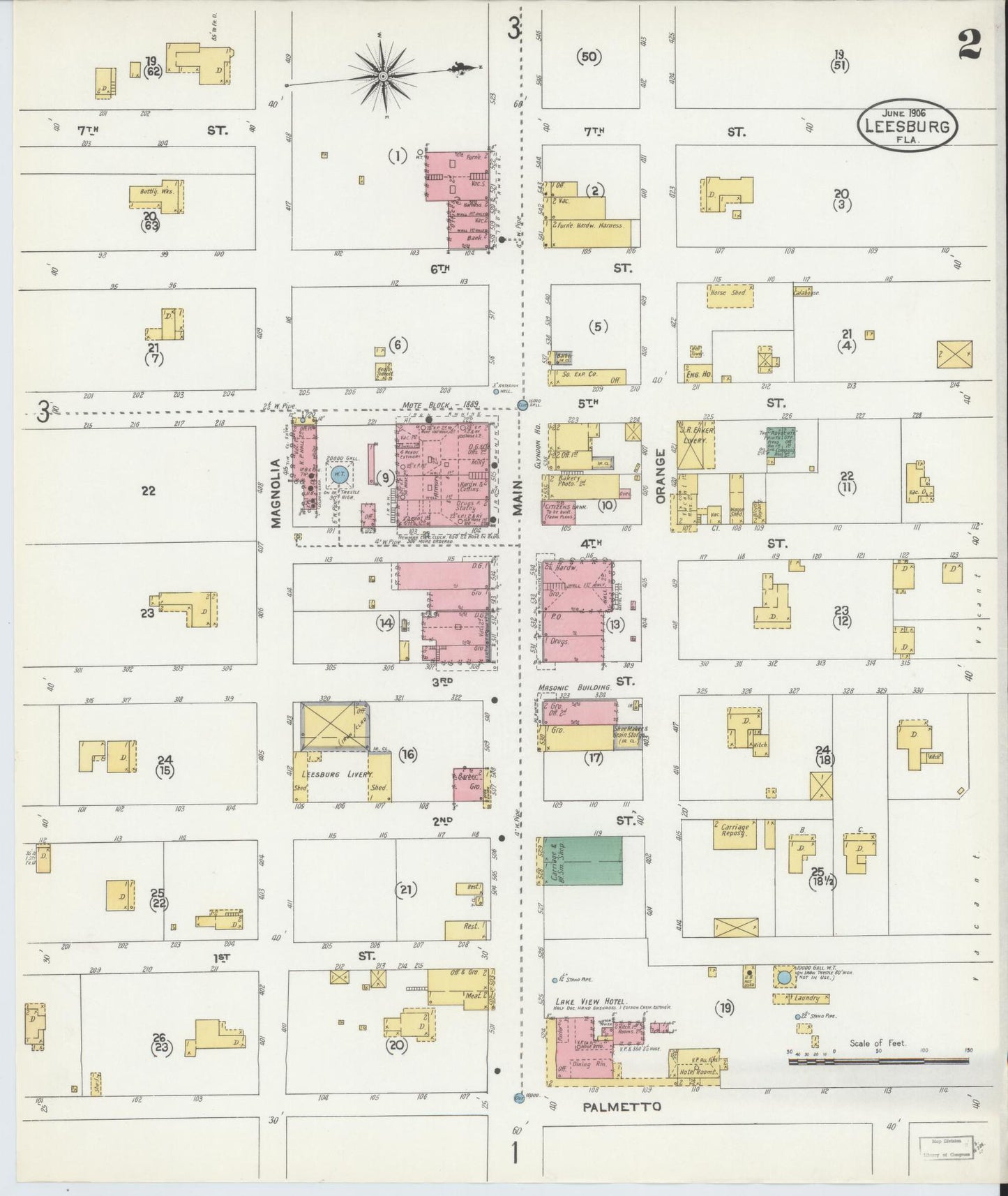 Sanborn Fire Insurance Map from Leesburg, Lake County, Florida (1906), Sheet #0002 - Complete Map Set gallery image, historic Sanborn map, vintage wall art, Florida Florida