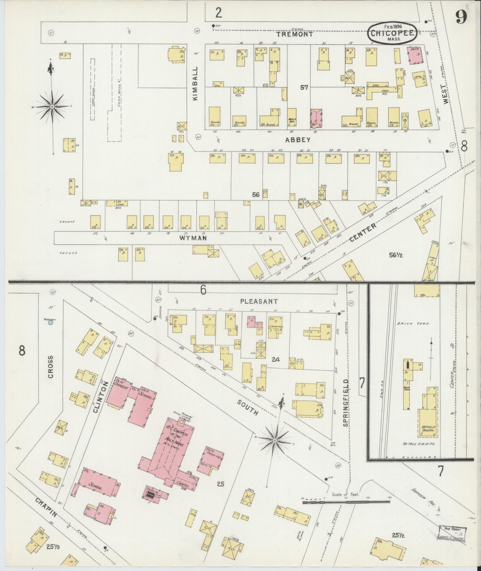 Sanborn Fire Insurance Map from Chicopee, Hampden County, Massachusetts (1896), Sheet #0009 - Historic Sanborn Fire Insurance Map Print, vintage old map wall art, antique decor, genealogy gift, Massachusetts Massachusetts map