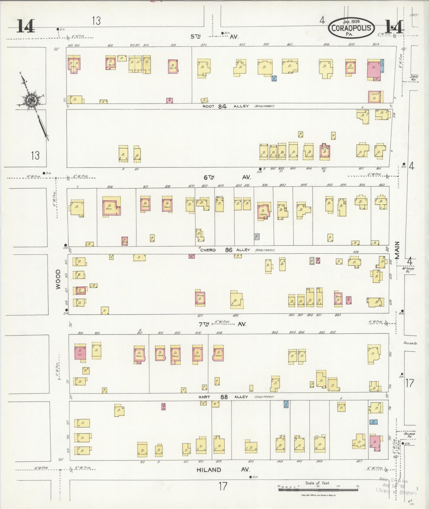 Sanborn Fire Insurance Map from Coraopolis, Allegheny County, Pennsylvania (1924), Sheet #0014 - Historic Sanborn Fire Insurance Map Print, vintage old map wall art, antique decor, genealogy gift, Pennsylvania Pennsylvania map