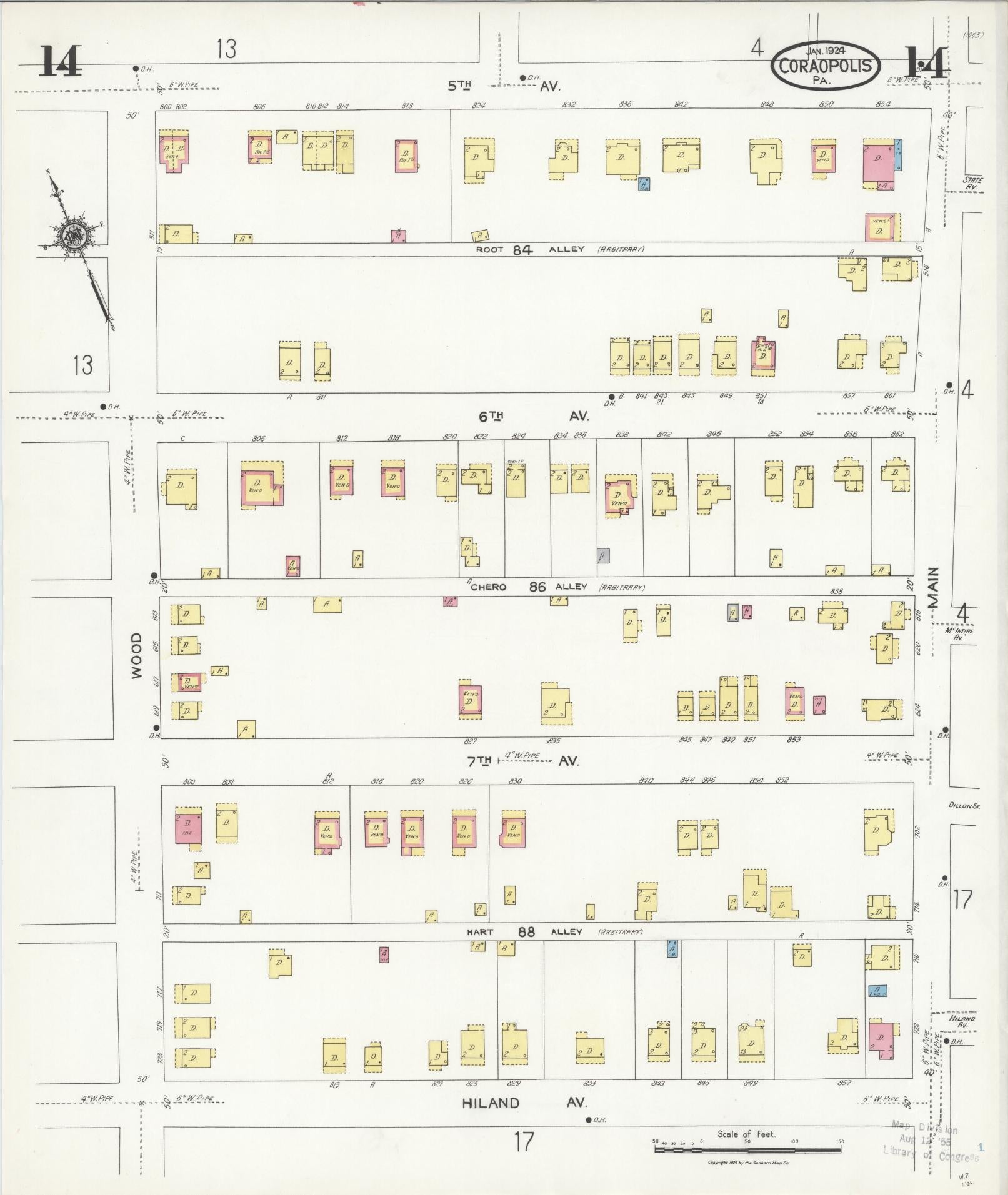 Sanborn Fire Insurance Map from Coraopolis, Allegheny County, Pennsylvania (1924), Sheet #0014 - Historic Sanborn Fire Insurance Map Print, vintage old map wall art, antique decor, genealogy gift, Pennsylvania Pennsylvania map