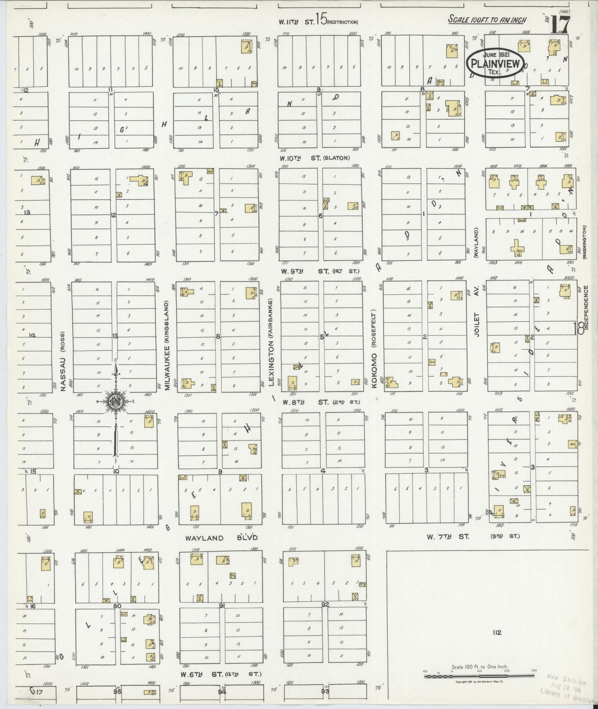 Sanborn Fire Insurance Map from Plainview, Hale County, Texas (1921), Sheet #0017 - Complete Map Set gallery image, historic Sanborn map, vintage wall art, Texas Texas