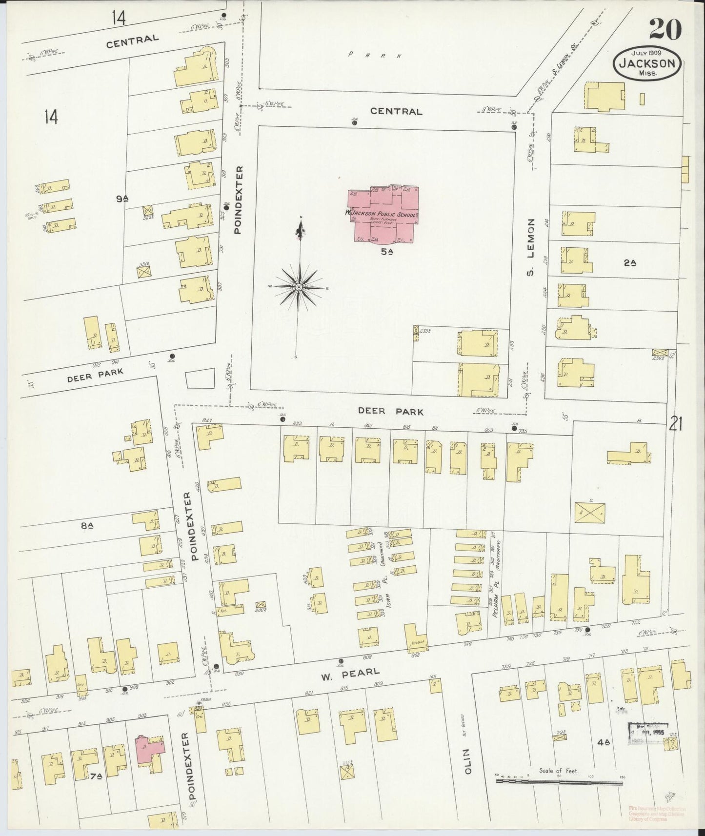 Sanborn Fire Insurance Map from Jackson, Hinds County, Mississippi (1909), Sheet #0020 - Historic Sanborn Fire Insurance Map Print, vintage old map wall art, antique decor, genealogy gift, Mississippi Mississippi map