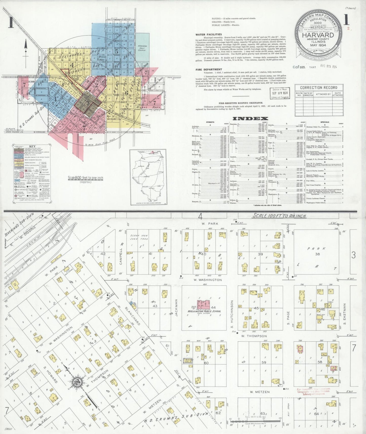 Sanborn Fire Insurance Map from Harvard, McHenry County, Illinois (1934), Sheet #0001 - Historic Sanborn Fire Insurance Map Print, vintage old map wall art, antique decor, genealogy gift, Illinois Illinois map