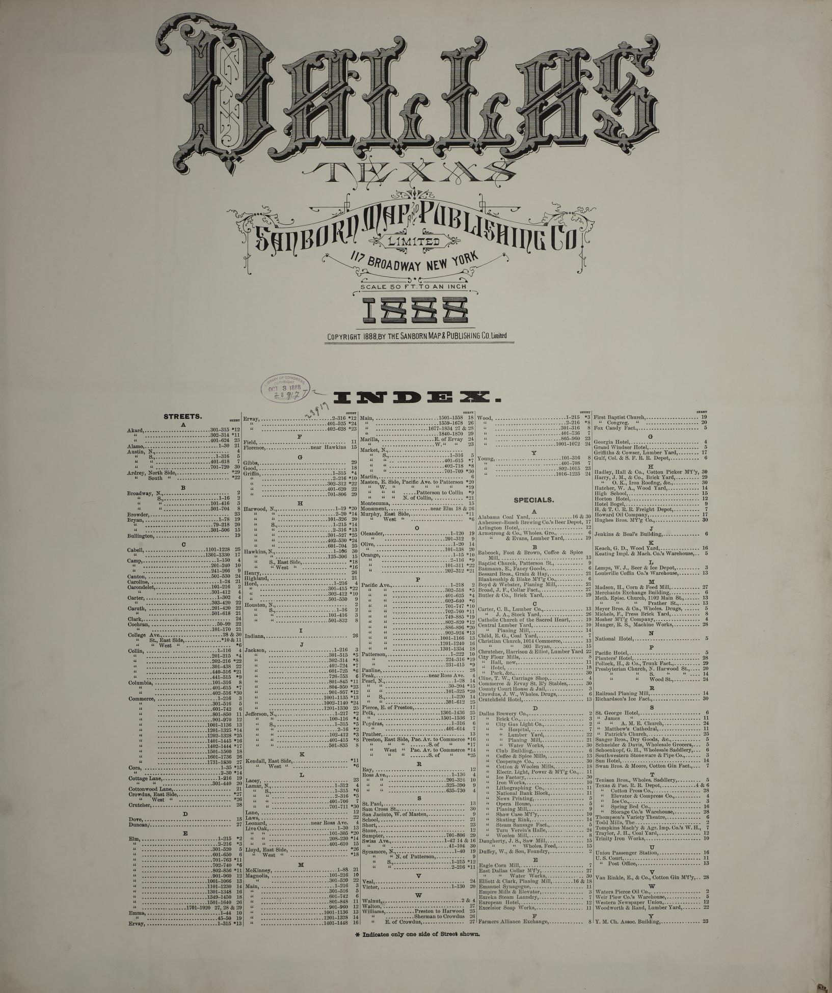 Sanborn Fire Insurance Map from Dallas, Dallas County, Texas (1888), Sheet #0001 - Historic Sanborn Fire Insurance Map Print, vintage old map wall art, antique decor, genealogy gift, Texas Texas map